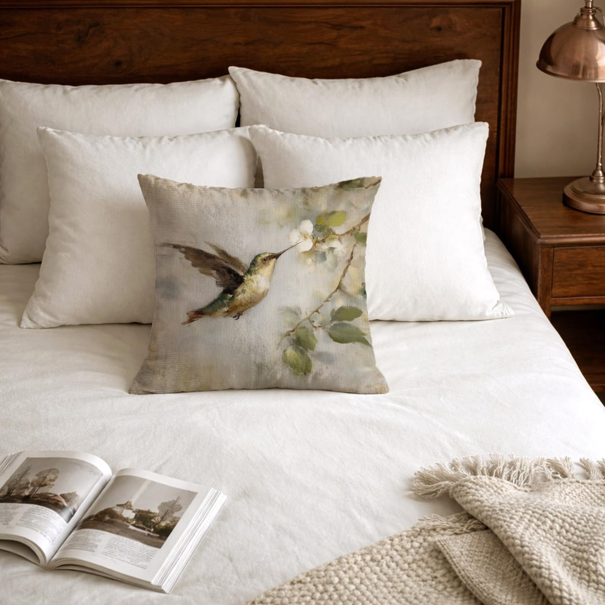 Vintage Floral Hummingbird Pillow Cover 18x18 (White-bird 6)