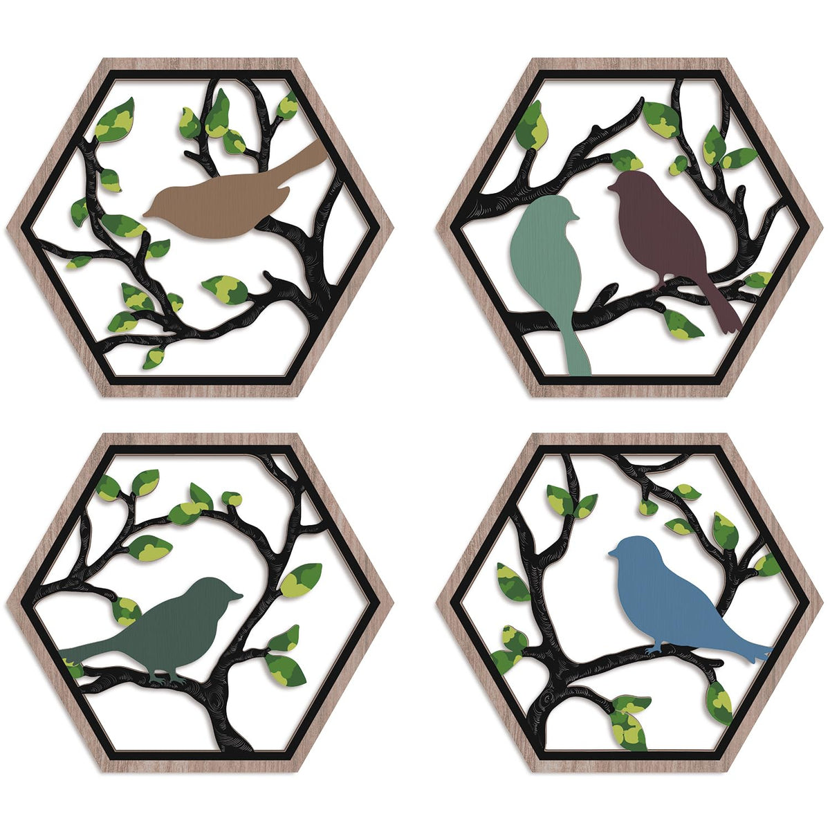 4Pcs Wooden Birds on Tree Branches Wall Art 11x10 Inch (Birds on Tree Branch)