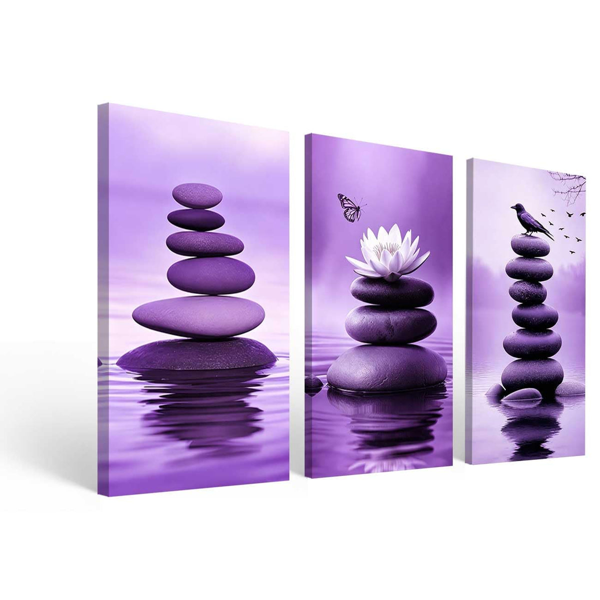 Set of 3 Zen Bathroom Canvas Wall Art Prints Purple Zen Stone & Bird Poster Water Lily with Butterfly Paintings Picture Yoga Meditation Artwork Spa Room Decor (Purple / 16x8inx3 Pieces)