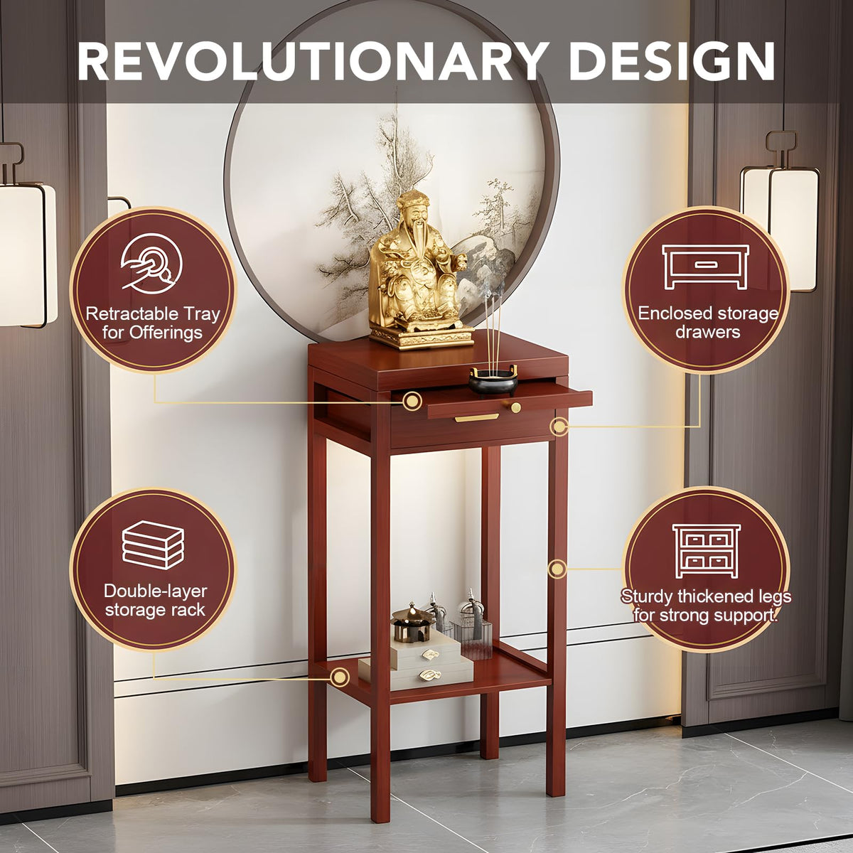 Solid Wood Altar Table with Retractable Tray & Drawer (Reddish Brown / 13.7")