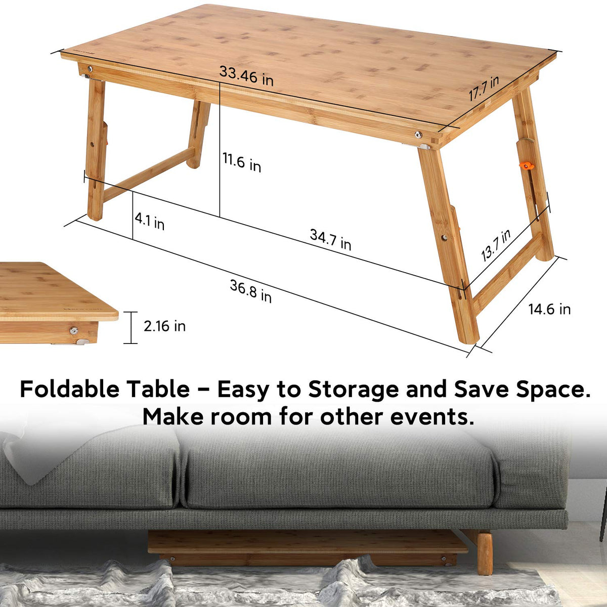 Large Floor Desk Foldable Tray for Adults (Bamboo / 33.5 inch)