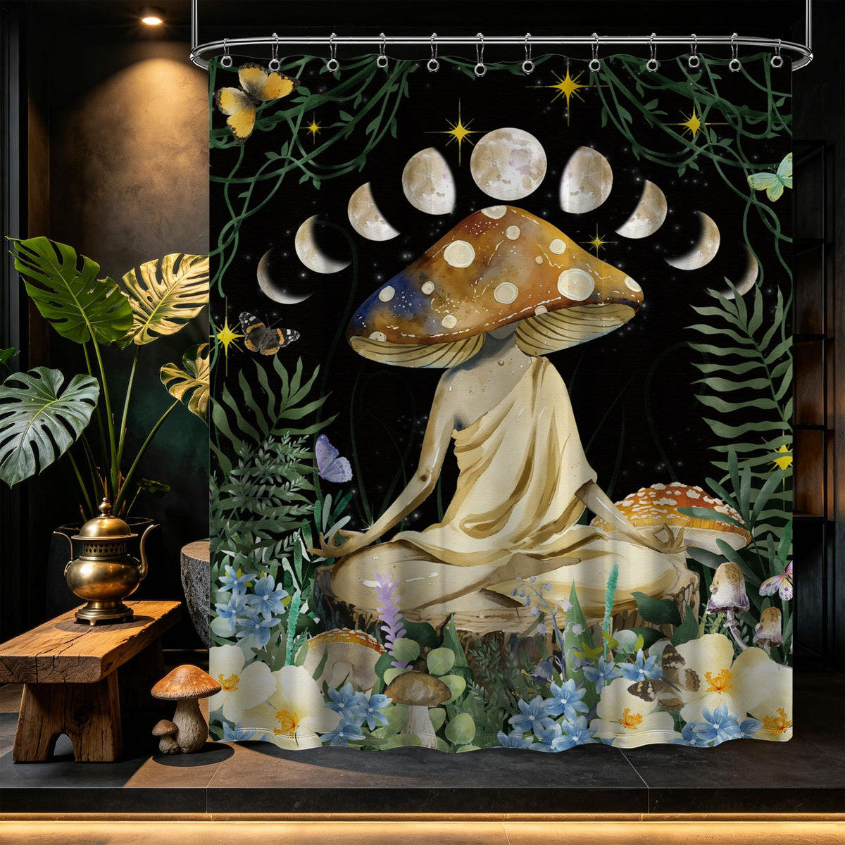 Funny Mushroom Shower Curtain Zen Meditation Cottage Core Shower Curtains for Vintage Bathroom Decor Sets (Meditation / 70"W x 78"L (Pack of 1))