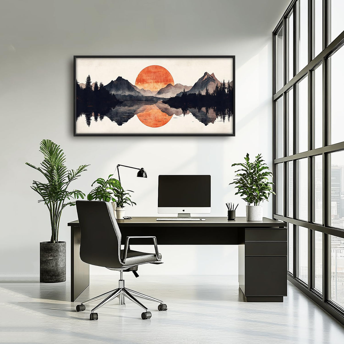 Large Forest Mountains Reflection Framed Wall Art for Living Room (60"L x 30"W / Watercolor Reflection)