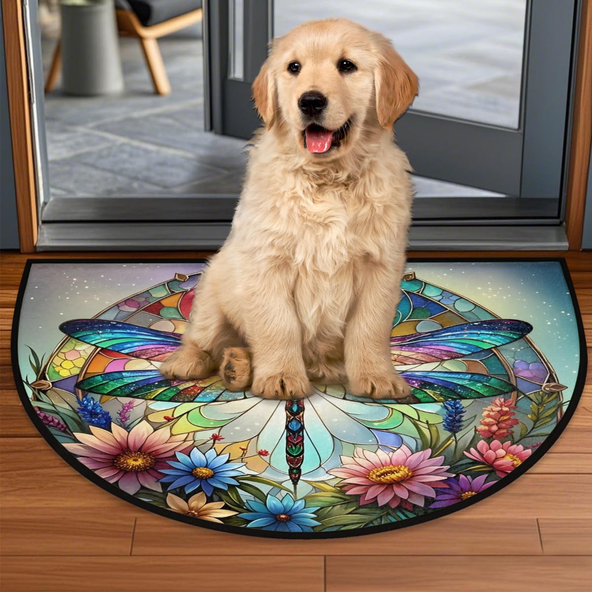 Half Round Door Mat Dragonfly Rainbow Animal Half Moon Rug Flower Glass Washable Half Circle Area Rugs Indoor Entrance Non Slip Semi Circle Bathroom Rugs Floor Carpet for Kithen Bedroom Decor (Color 7)