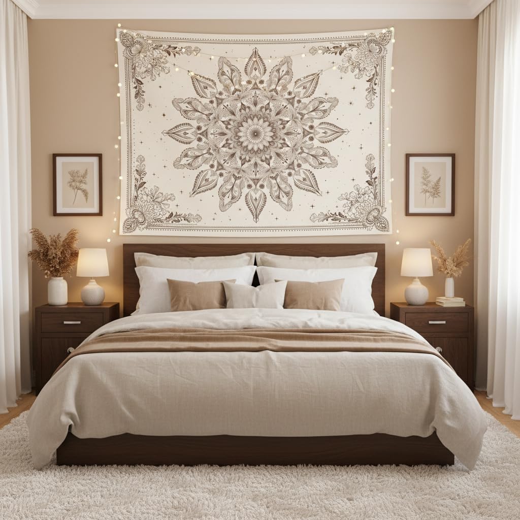 Floral Mandala Tapestry Wall Hanging Boho Beige Tapestry Aesthetic Bohemian Flower Cute Small Tapestries for Bedroom Living Room Dorm Wall Decor 60 x 44 Inch (Bohemian / Beige White / 60"L x 44"W)