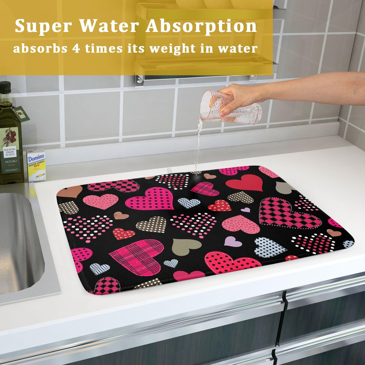 Happy Valentine's Day Black Dish Drying Mat for Kitchen Counter (Love Heart / 18" x 24")