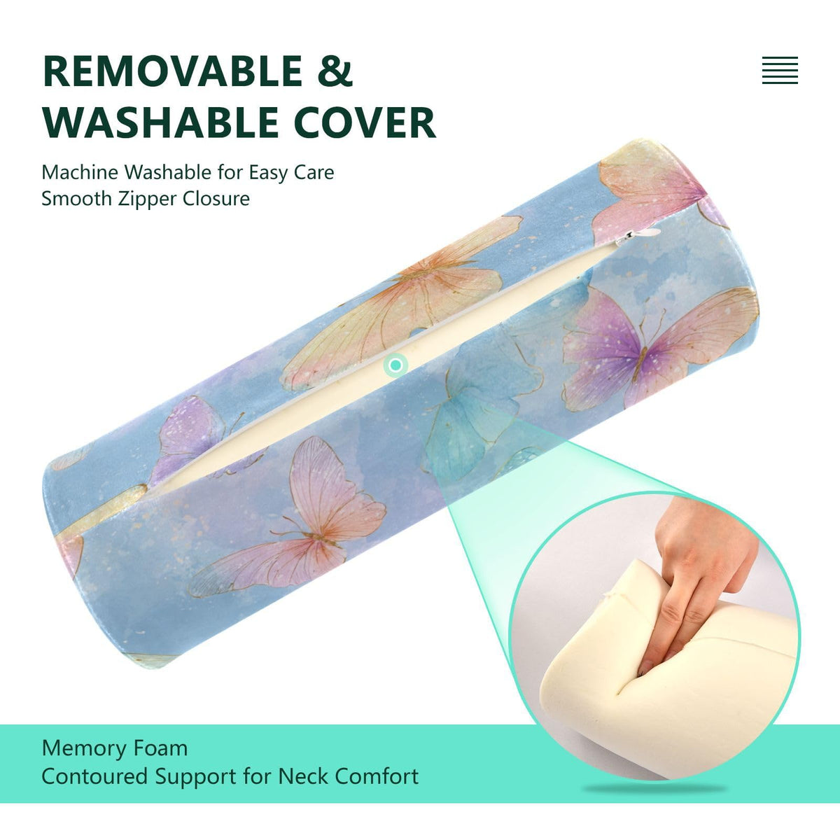 Neck Roll Pillow Bolster Pillows Round Health Memory Foam Long Cervical Cylinder Body Removable Washable Cover Bed Legs Back Yoga Butterfly Blue Pink (Butterfly 28)