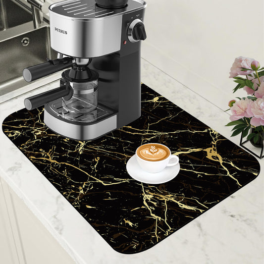 Dish Drying Mat Black and Gold Marble Coffee Bar Mat for Countertop Absorbent Rubber Backed Hide Stain Dish Drainer Rack Pad Coffee Maker Espresso Machine Dining Room Decoration 11.8 x 19.7 Inch (11.8" x 19.7")