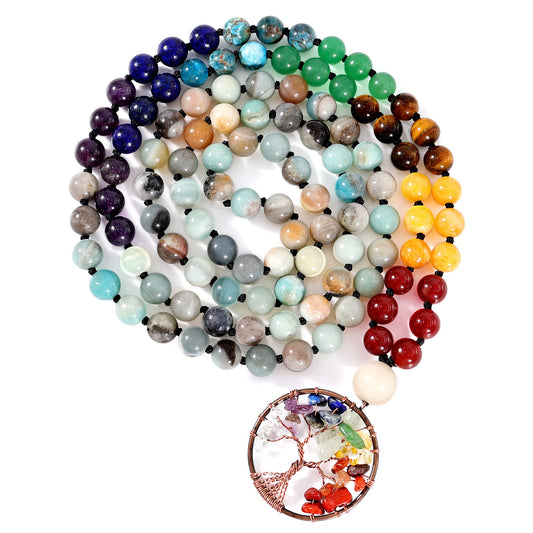 108 Mala Beads Necklace Life Tree 7 Chakra Wrap Bracelet Real Gemstone Yoga Meditation Hand Knotted Mala Prayer Bead Necklace (8mm / Amazonite)