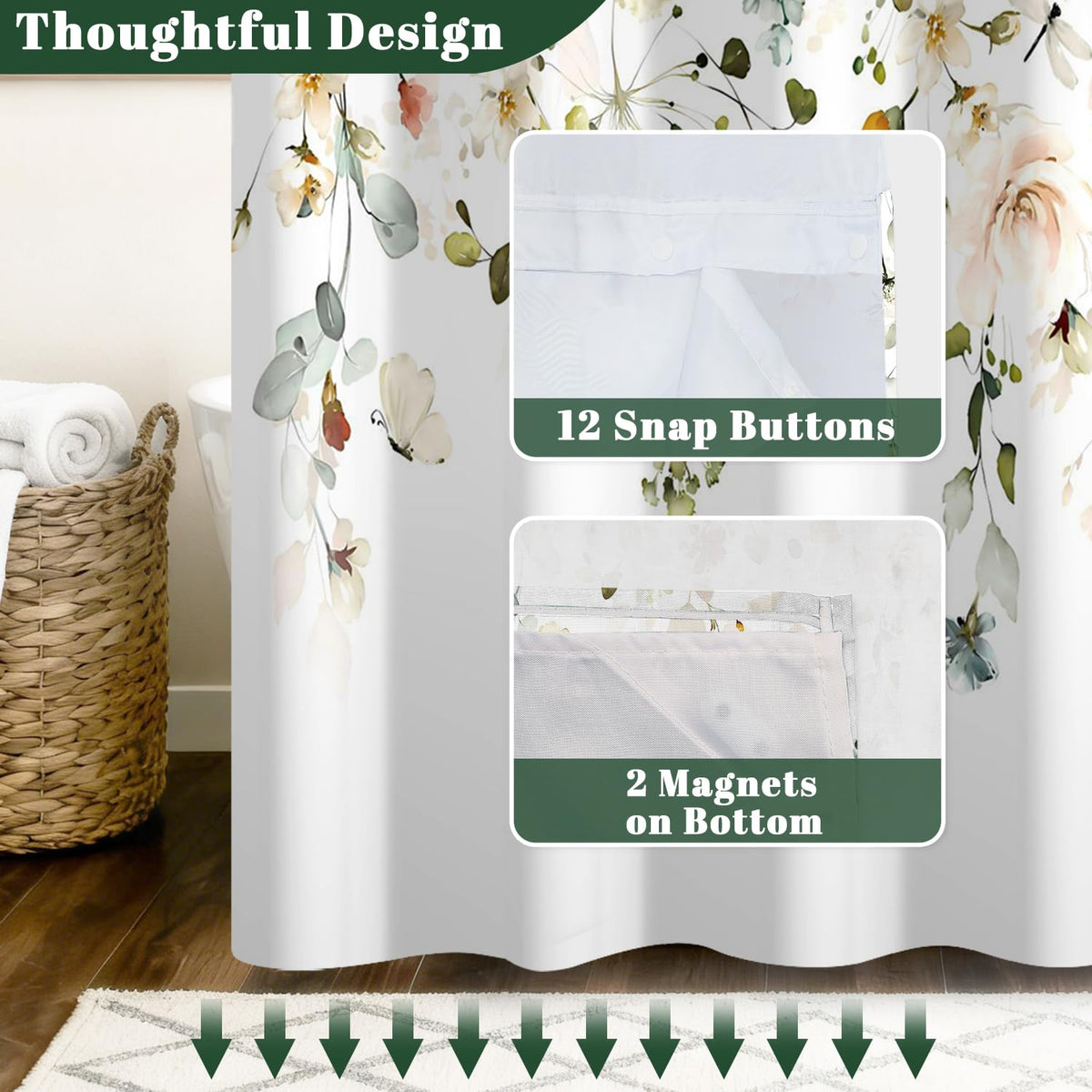 No Hook Shower Curtain with Snap in Liner (Floral-7)