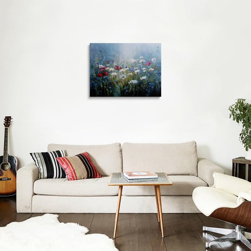 Wildflower Field Canvas Wall Art Framed Print Painting Red and White Blooms Impressionist Serene Wall Decor Artwork Poster Soft Blue Green Background for Living Room Bedroom Nursery Decor 12x16 Inches (wildflowers / 16"L x 12"W)