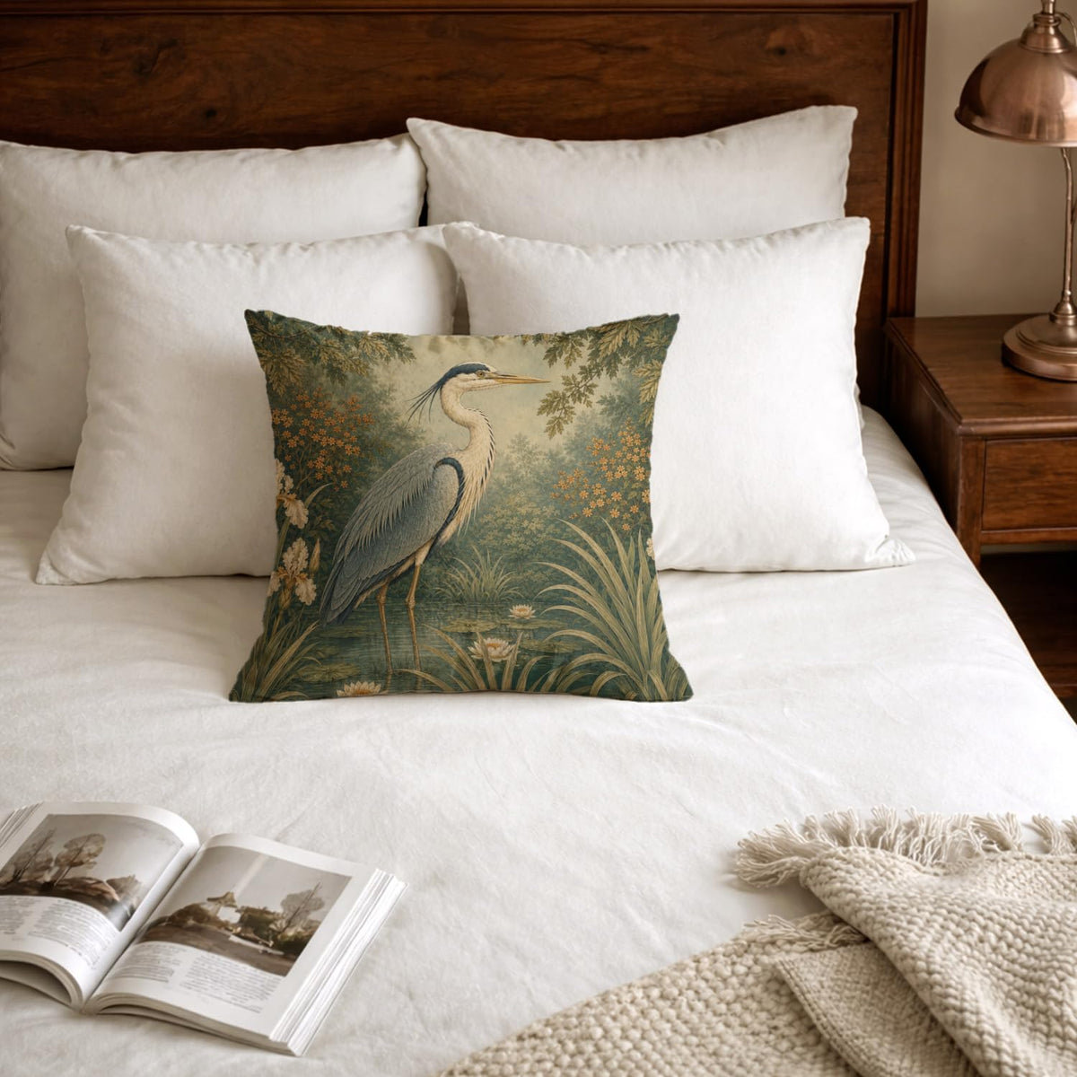 Vintage Floral Great Blue Heron Bird Pillow Cover 18x18 (White-blue Heron Bird 20)