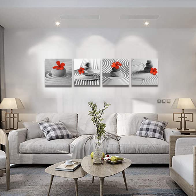Bathroom Decor Zen Decor Gray Wall Art Red Floral Wall Pictures Black and White Wall Art Flower Zen Stone Sand Pebble Canvas Print Artwork for Bedroom Living Room Home Wall Decoration (zen red grey / 12"L x 12"W x 4 pcs)