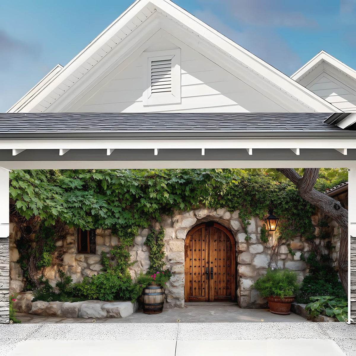 Garage Door Banner Cover (Garden stone wall)