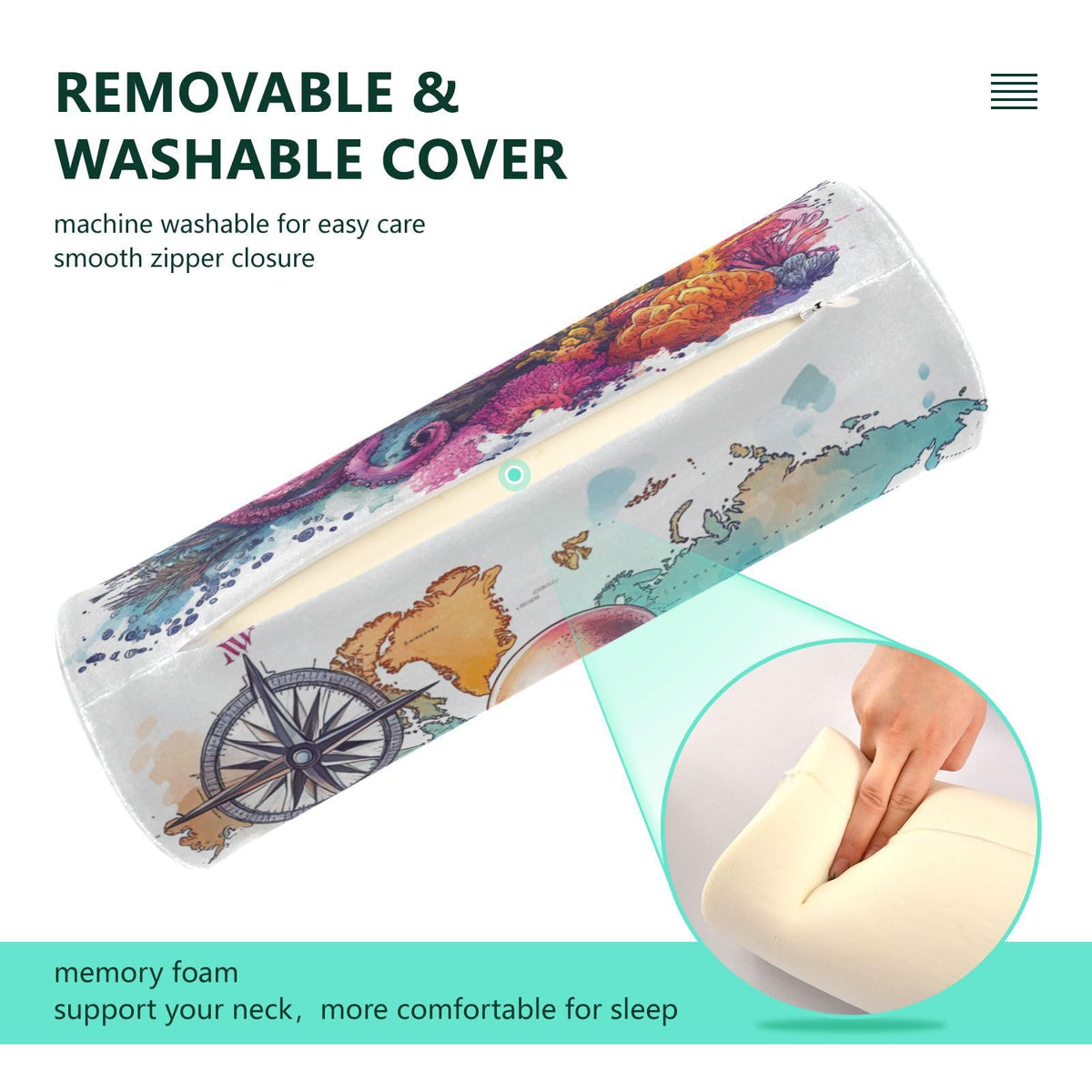 Octopus and Compass Neck Roll Pillow Bolster Round Health Memory Foam Long Cervical Cylinder Pillows with Removable Washable Cover for Body Bed Legs Back Yoga (Octopus and Compass)