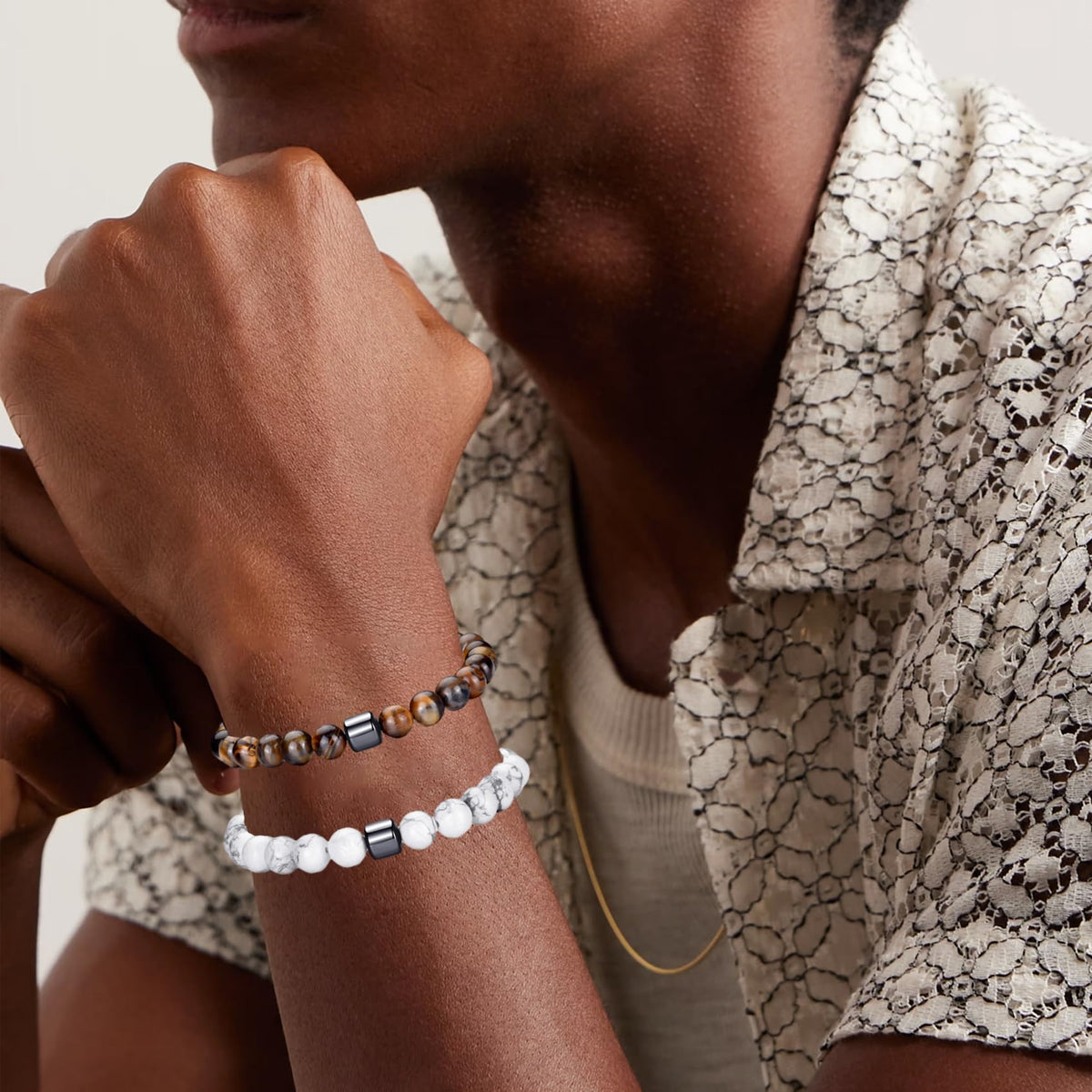 Mens Bracelets 8MM Natural Stone Beads Bracelet Set Stretch Adjustable Beaded Bracelets for Men (2,tiger eye,white bracelet)