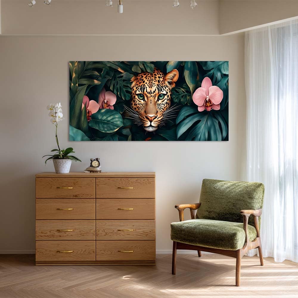 Tropical Jungle Leopard Canvas Wall Art Dark Green Monstera Leaves Pink Orchid Flower Wildlife Painting Print Gallery Wrapped Artwork for Living Room Living Room Bedroom Bathroom Decor (Abstract / White Leopard Jungle 2 / 58"L x 28"W)