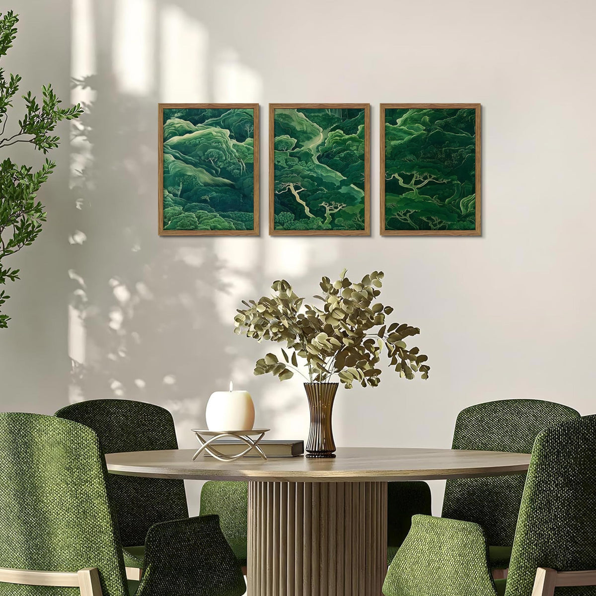 Japanese Nature Forest Wall Art Set of 3 (Green Book Mountain / 16"L x 12"W)