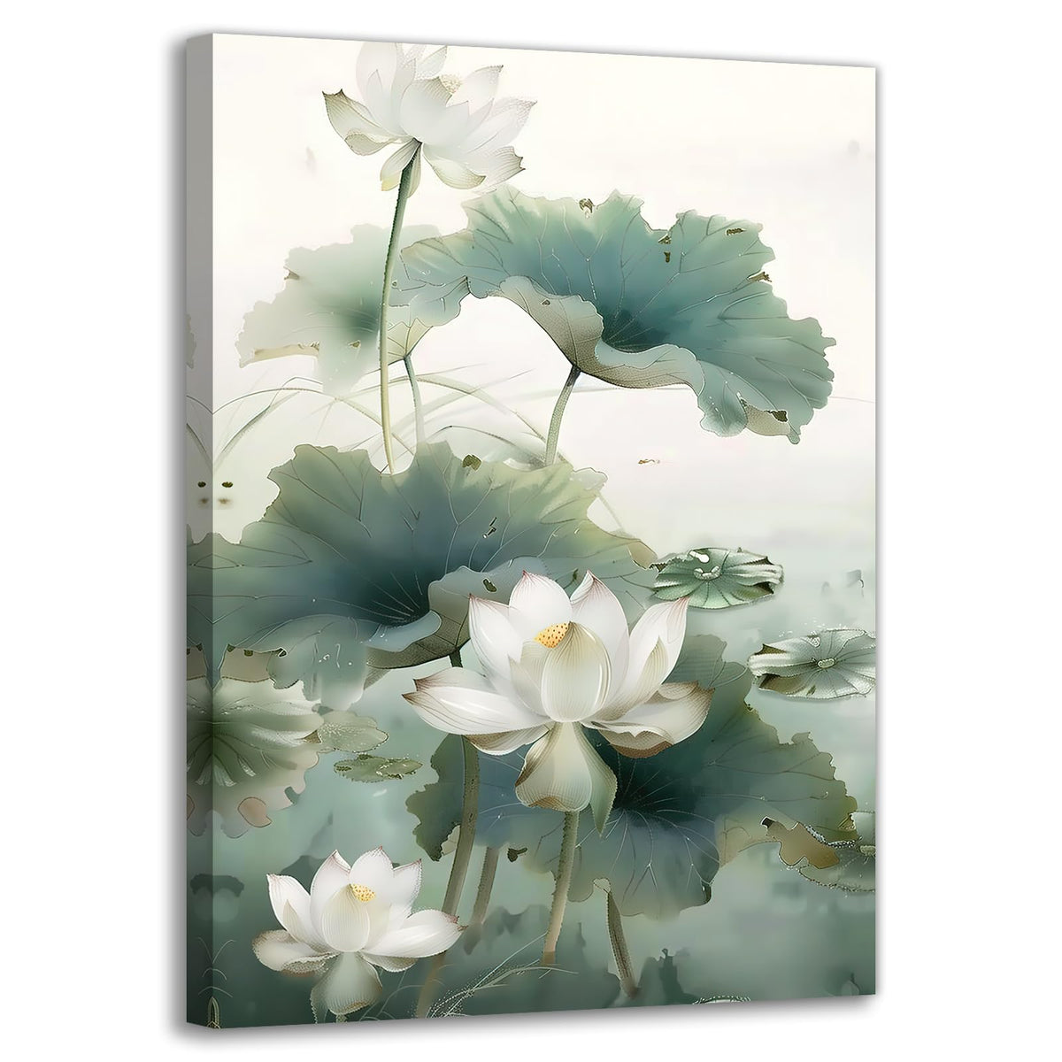 White Lotus Flower Canvas Wall Art Lotus Floral Pond Painting Pictures Zen Inspired Wall Decor for Living Room Bedroom Bathroom Home (Artwork-8 / 24"L x 16"W)