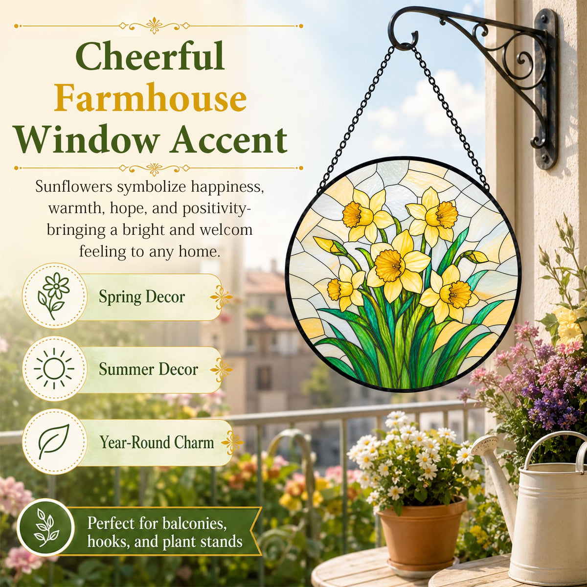 Daffodil Gifts for Women Suncatcher Stained Glass Window Hanging 9.8in (Daffodil / 9.8 x 9.8 IN)