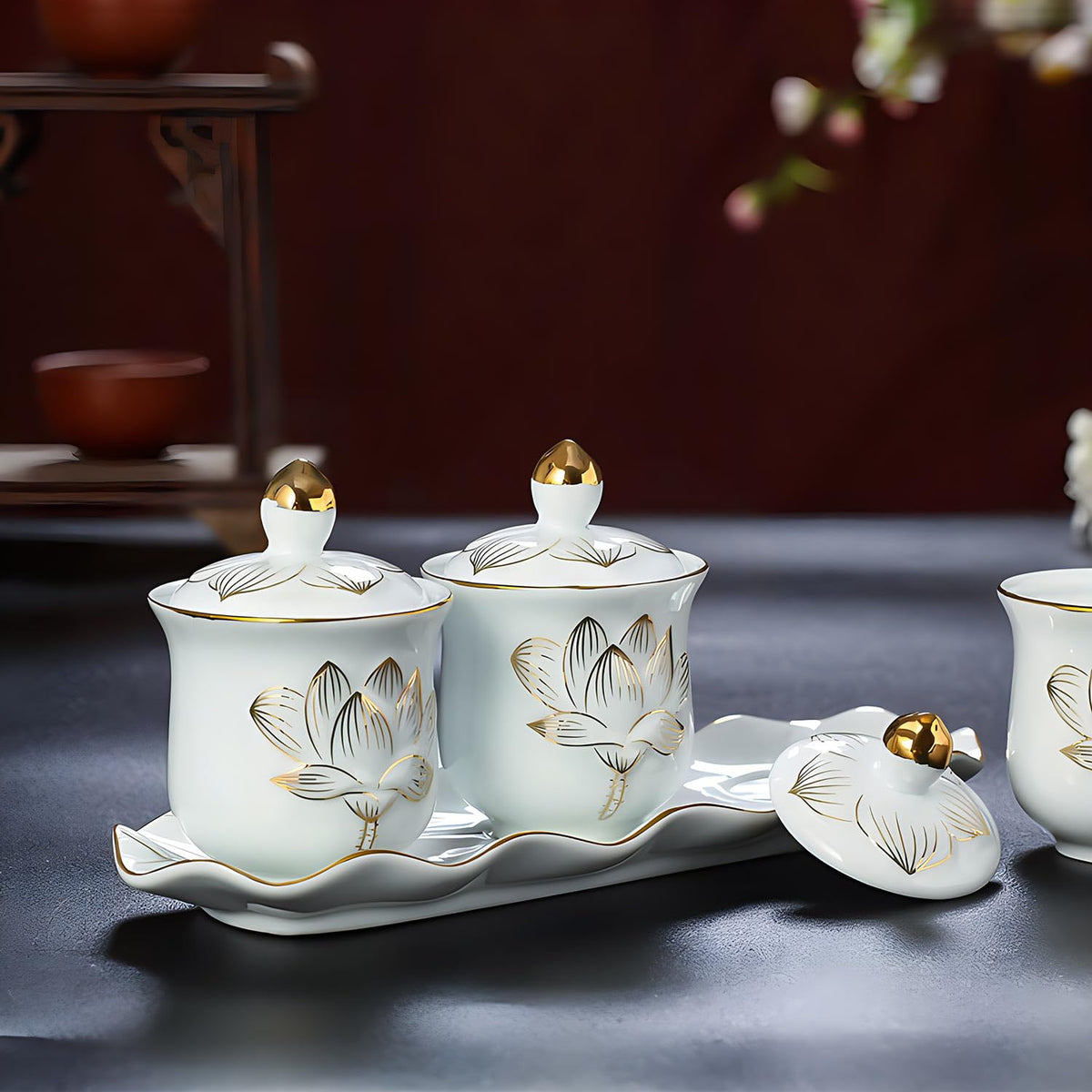 White Buddhist 3 Altar Cups Set (3 White Ceramic Cup Set)