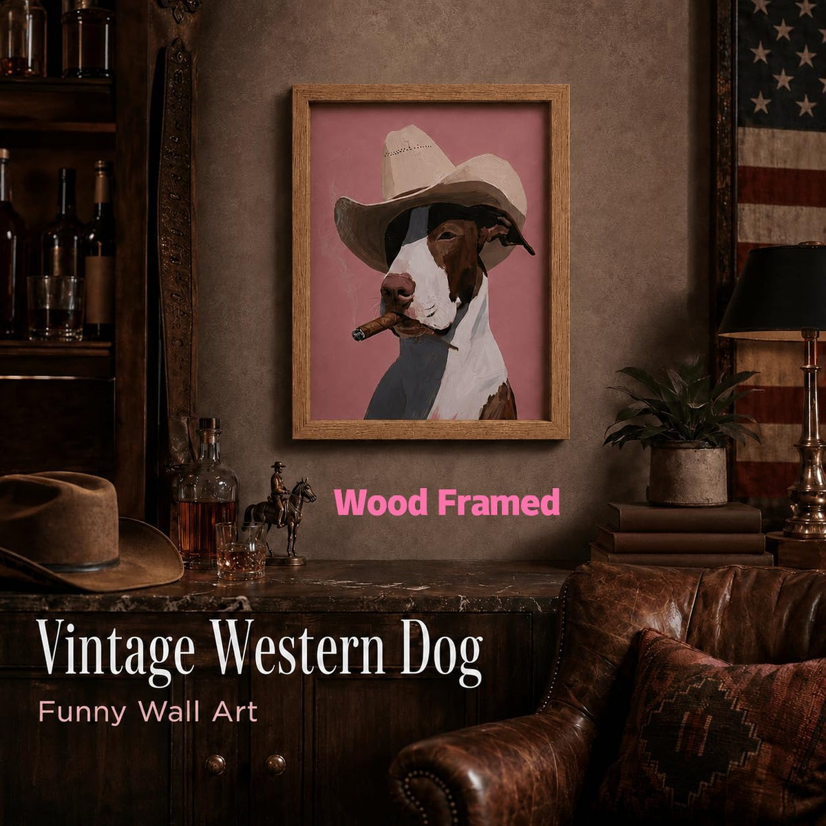 Wood Framed Cowboy Dog Smoking Wall Art Vintage Western Animal Decor (Smoking dog / 10"L x 8"W)