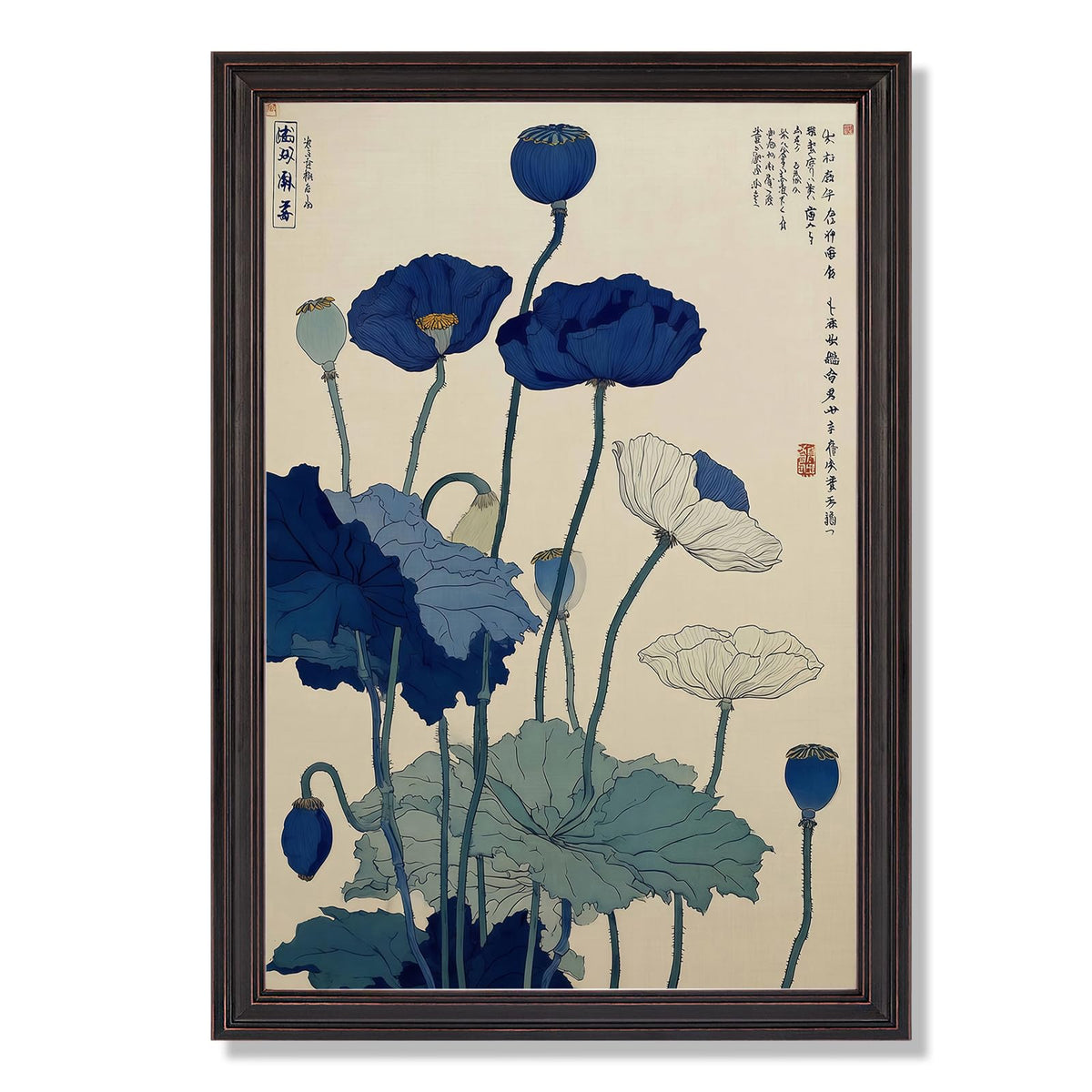 Japanese Indigo Blue Poppy Canvas Wall Art Vintag Ukiyo (Black 07 / 12"L x 16"W)
