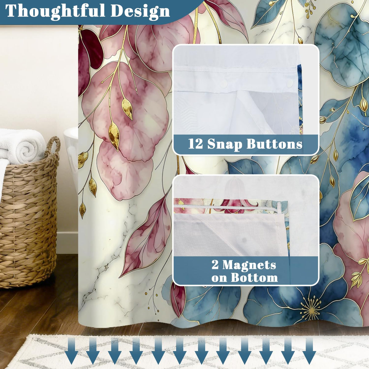 Luxury Art Floral Shower Curtain with Snap in Removable Liner (Abstract Floral)