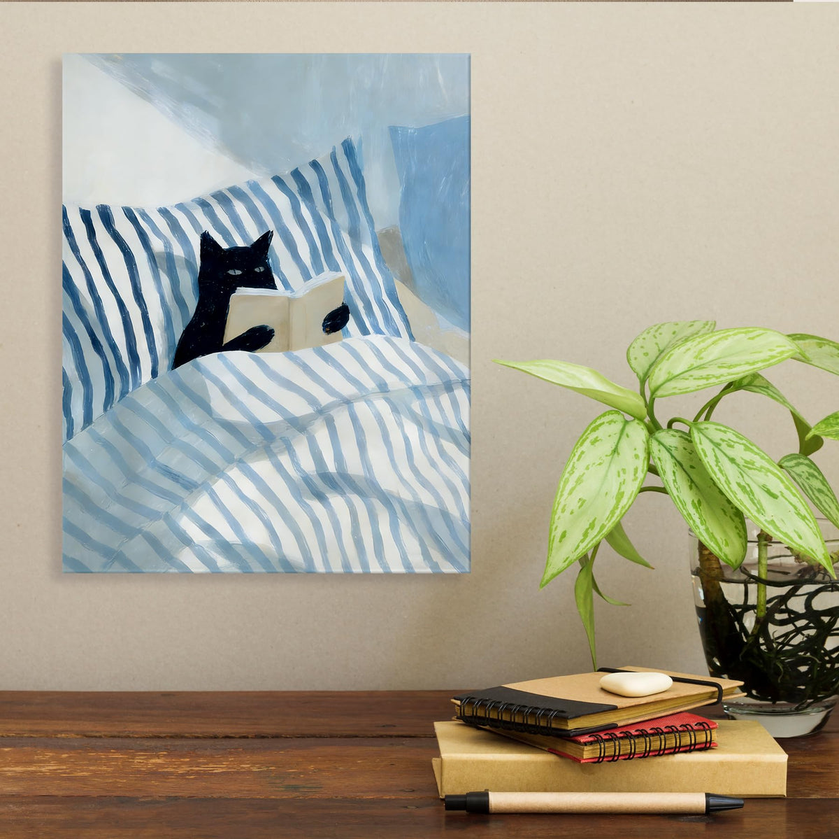 Black Cat Reading Book Wall Art Decor 11x14 Inches (Black Cat Reading Book)