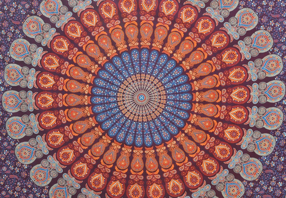 Tapestry Wall Hanging Hippie Mandala Bohemian Hippy Psychedelic Design Indian Peacock Meditation Gypsy Tapestries Bedspread 54 x 60 Inches (60"L x 54"W / Maroon)