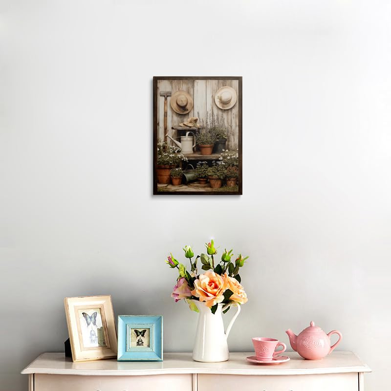 Vintage Garden Still Life Canvas Wall Art Framed Painting Rustic Weathered Wood with Straw Hat Watering Can Lavender Potted Blooms Farmhouse Wall Decor Artwork for Kitchen Dining Room 12x16 Inches (flowerpot / 16"L x 12"W)