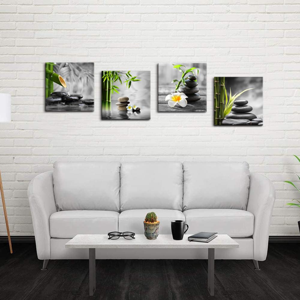 Zen Bathroom Decor Black and White Wall Art Grey Green Room Decor Stone Bamboo Pictures Canvas Meditation Posters Prints Artwork Bedroom Wall Decor Living Room Kitchen Decorations (AzenHB / 12"L x 12"W)