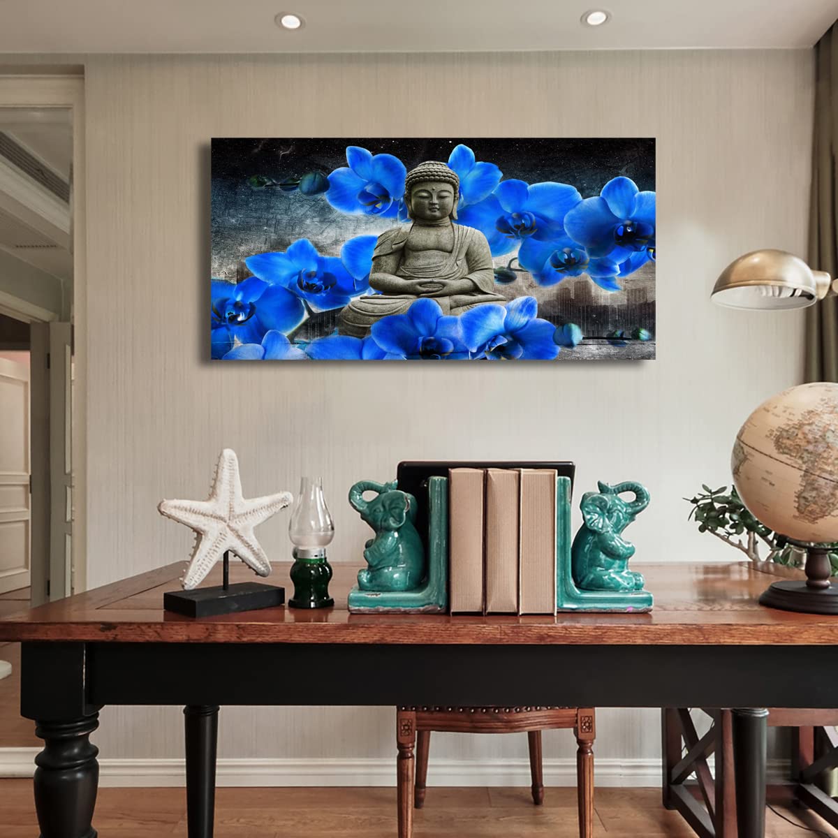 Buddha Pictures Wall Art Canvas Prints Home Decor Grey Zen Blue Flower Painting for Living Room Bedroom Bathroom Office Home Kitchen Decoration Asia Hindu Artwork 24x48 Wooden Frames Easy Hanging (48"L x 24"W / Grey Zen with Blue Flower)