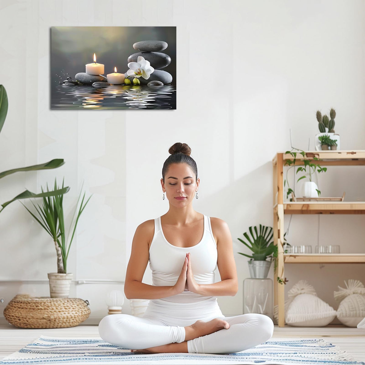 Bathroom Wall Art Orchid Flower with Black Zen Stone Pictures SPA Candle Picture Prints Still Life Canvas Painting for Meditation Spiritual Room Decor (White / 24"L x 36"W)