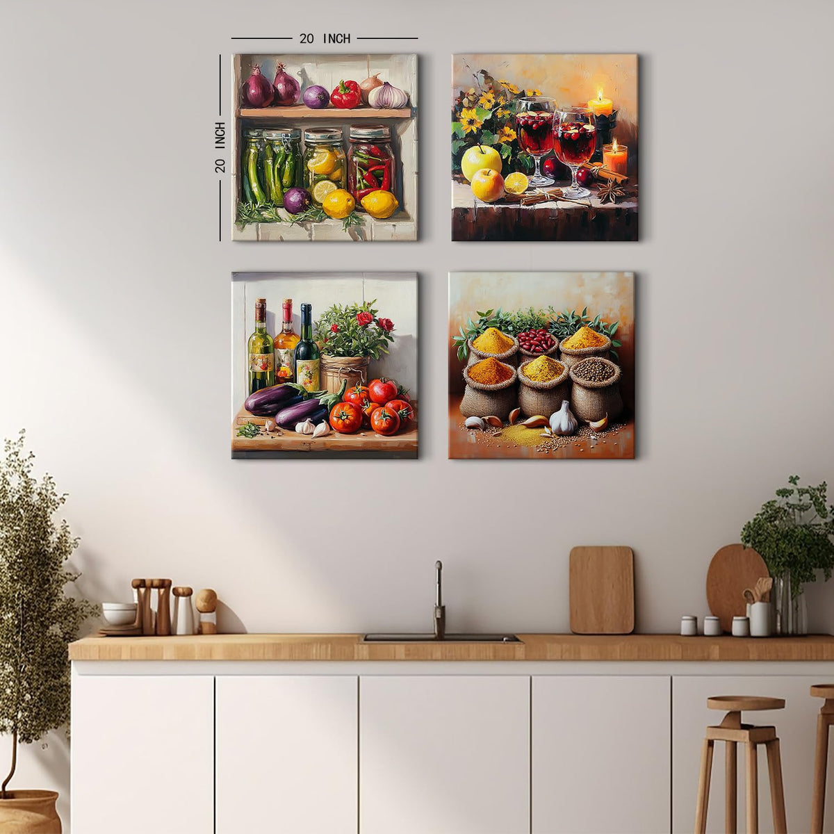 Kitchen Wall Decor Mason Jar Wall Art Spices Food Canvas Prints Kitchen Ingridients Picture Rustic Still Life Painting Vintage Healthy Vegetables Poster Artwork Dining Room Home Decoration 20x20" 4Pcs (20"L x 20"W / Retro Kitchen Decor)