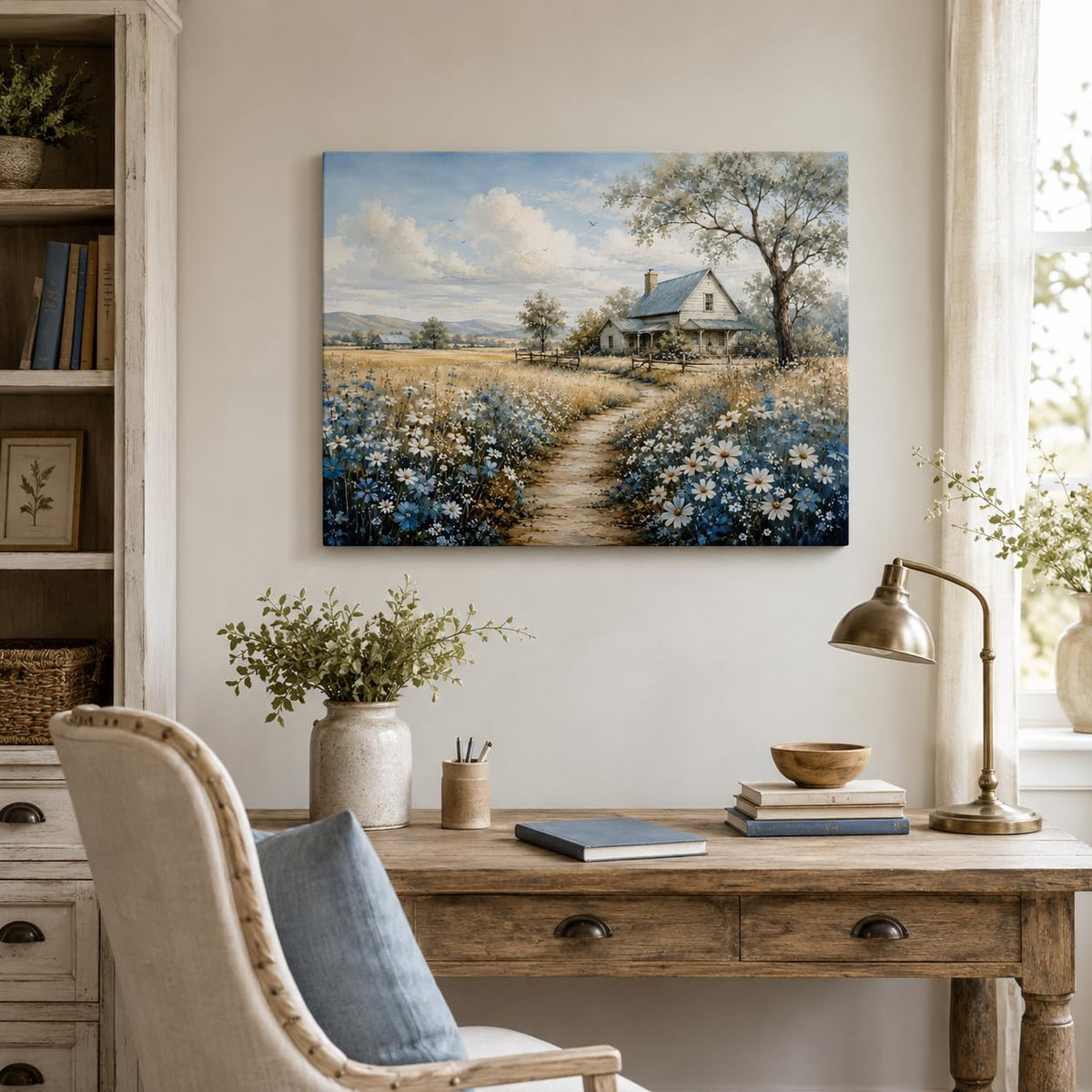 Farmhouse Landscape Framed Canvas Wall Art Wildflower Picture 12x16 Inches (Farmhouse Landscape / 16"L x 12"W)