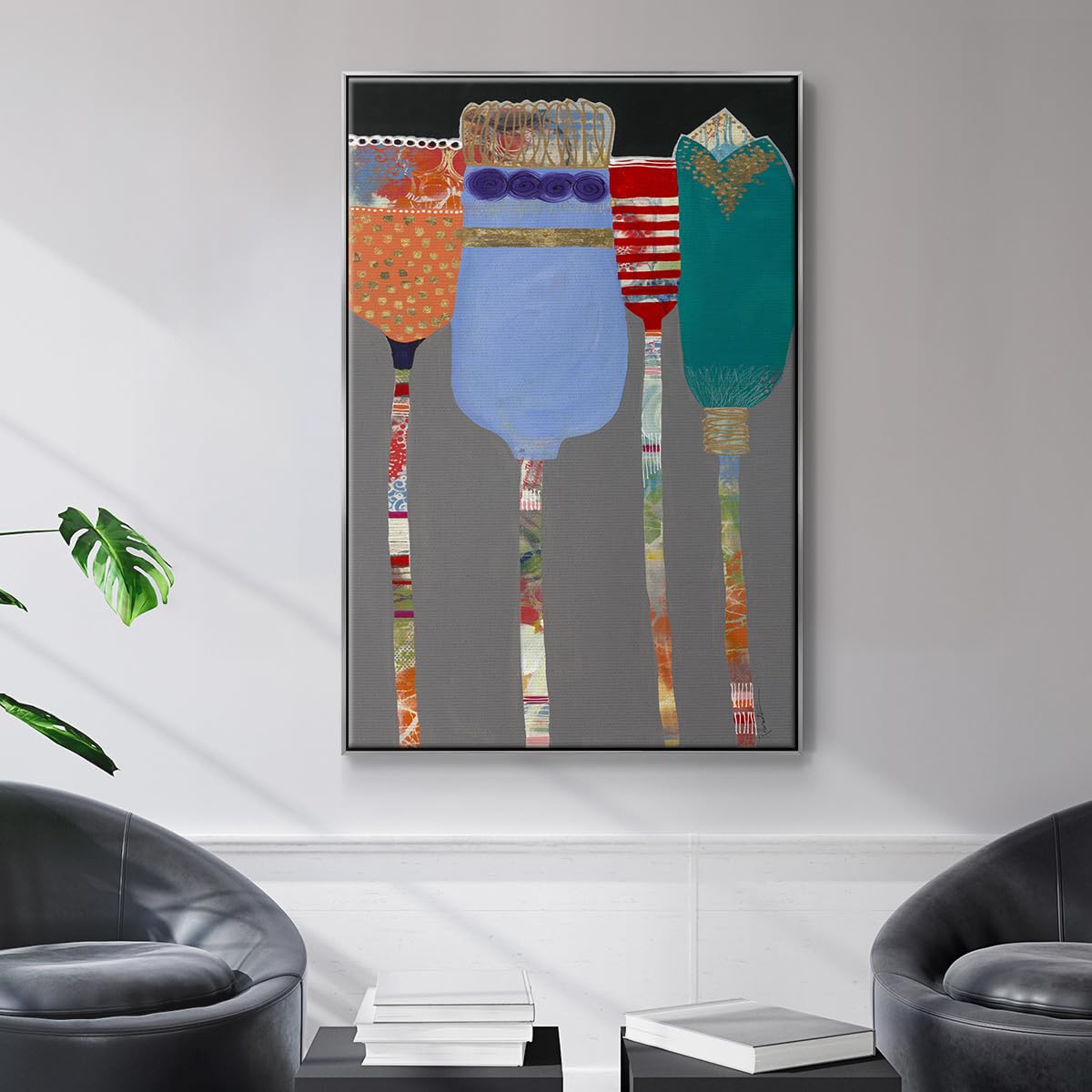 Abstract Floral Wall Art Hanging Paintings Tall Vibrant Color Tulips Flower Canvas Silver Floater Frame Artwork Prints for Office Bedroom Kitchen Walls (25"L x 17"W / Tall Tulips)