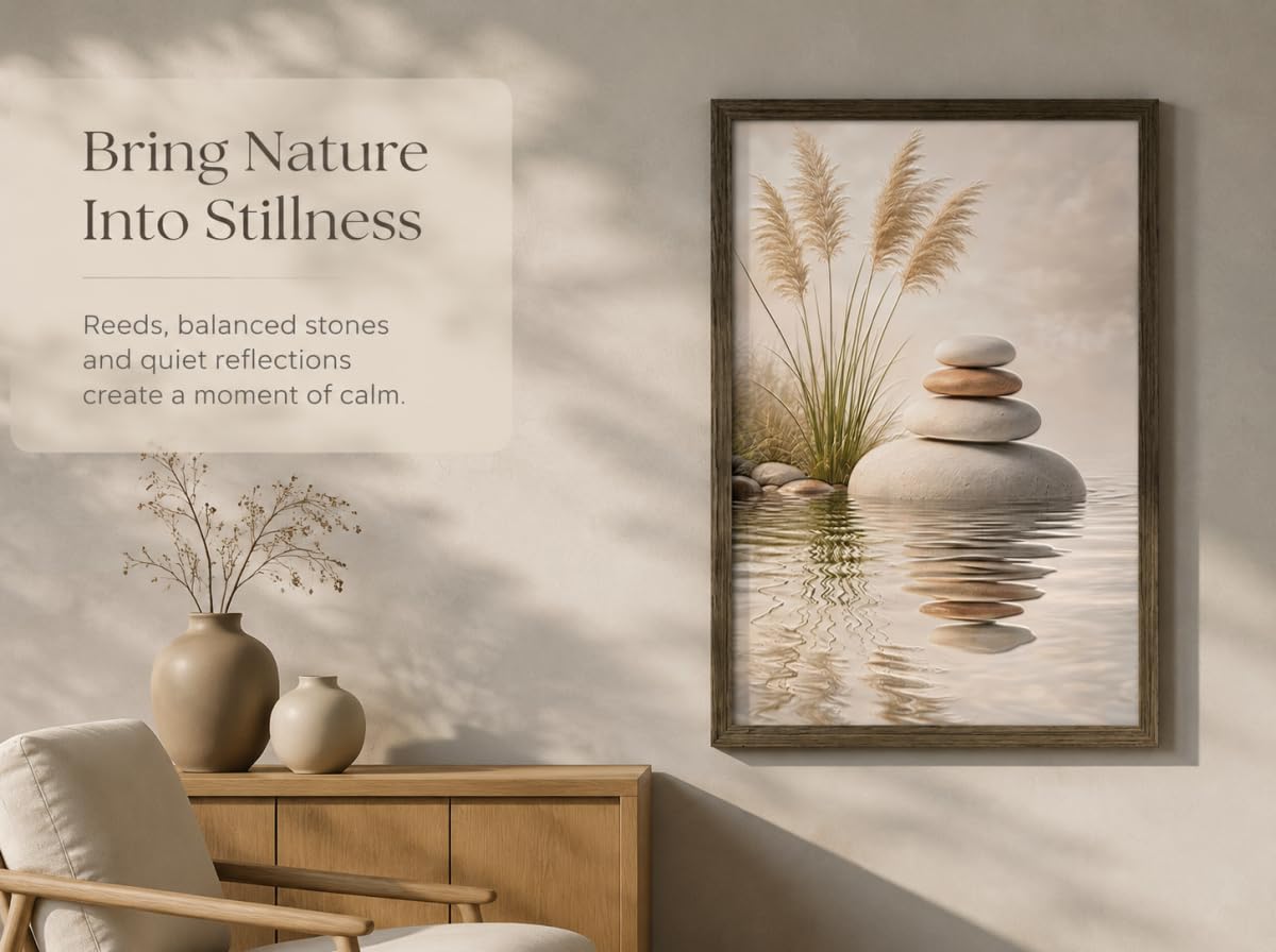 Wood Framed Zen Wall Art Stacked Balance Stones Botanical Canvas Print Zen Room Wall Decor for Spa Bathroom Yoga Studio Living Room Bedroom Office Study 16x24 Inch (Zen Stone / 24"L x 16"W)