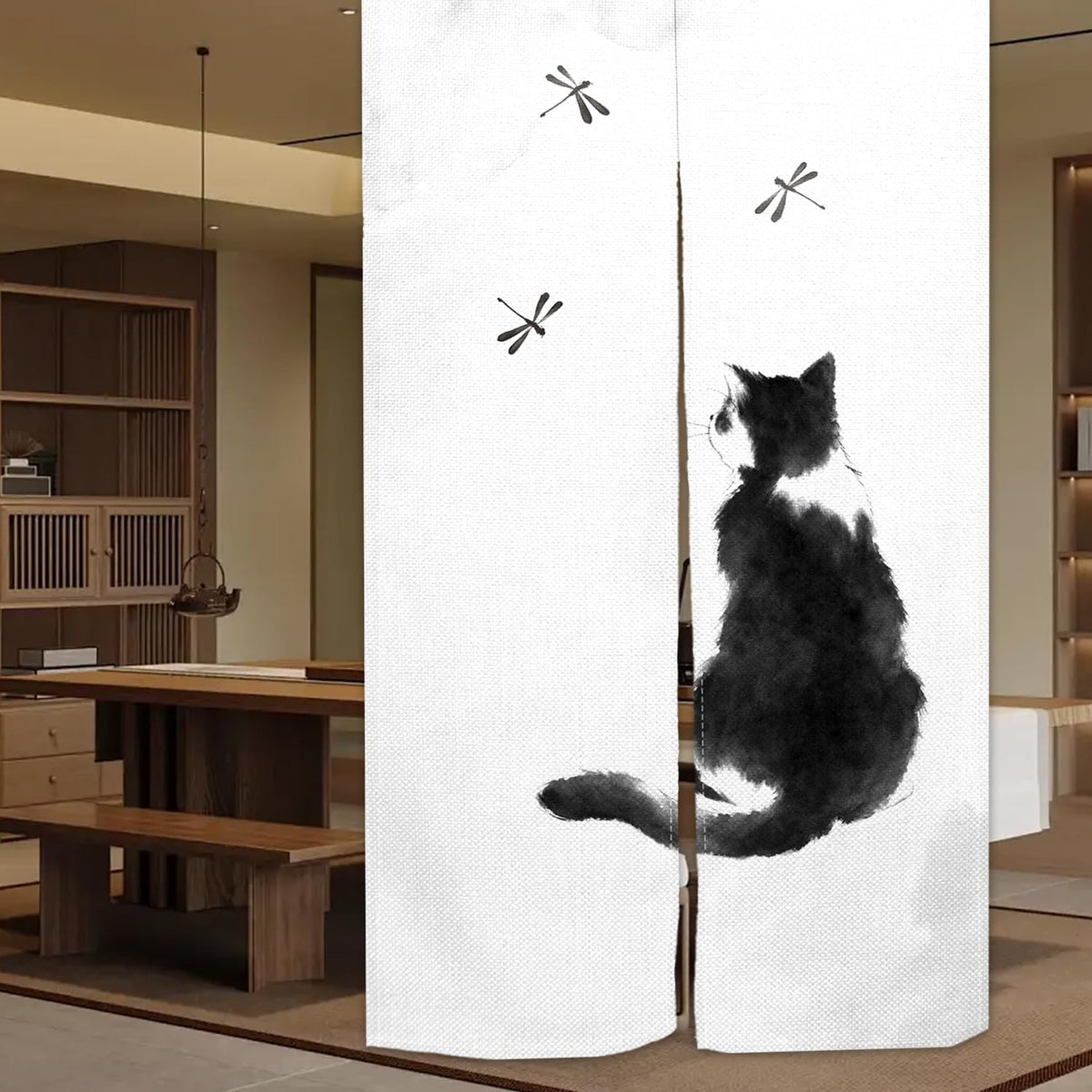 Japanese Noren Curtain Ink Black Cat Door Curtain Asian Tapestry (Hand Drawn Ink Black Cat)