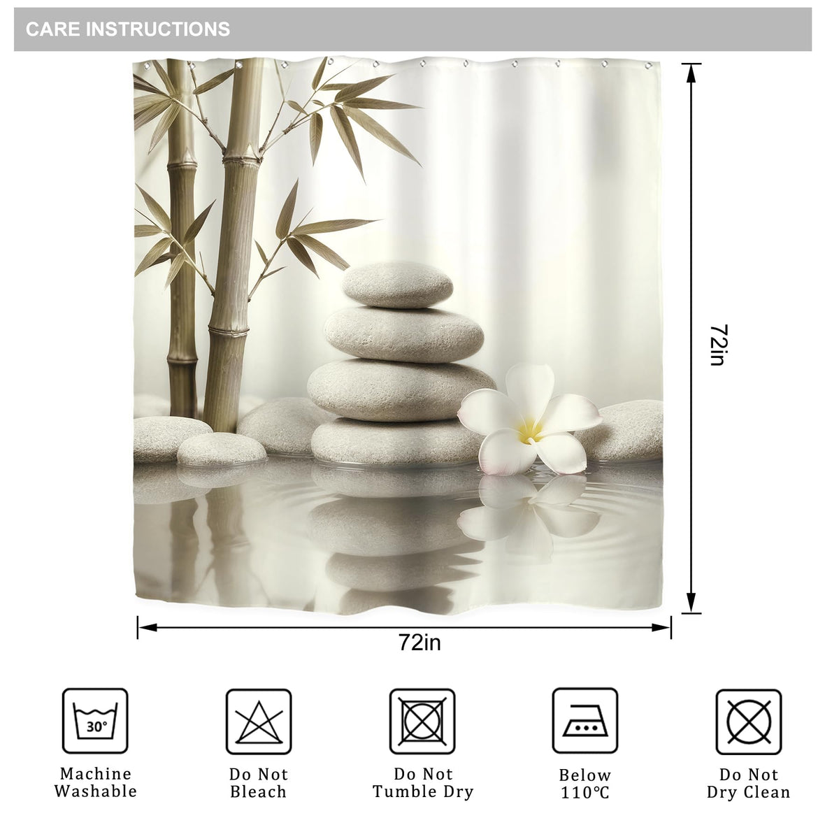 Zen Grey Meditation Stone Shower Curtain for Bathroom Decor 72Wx72H Bamboo Relaxing Spa Yoga Positive Botany Floral Elegant Art Printed Fabric Polyester Waterproof 12 Pack Plastic Hooks (01grey / 72"W x 72"L (Pack of 1))