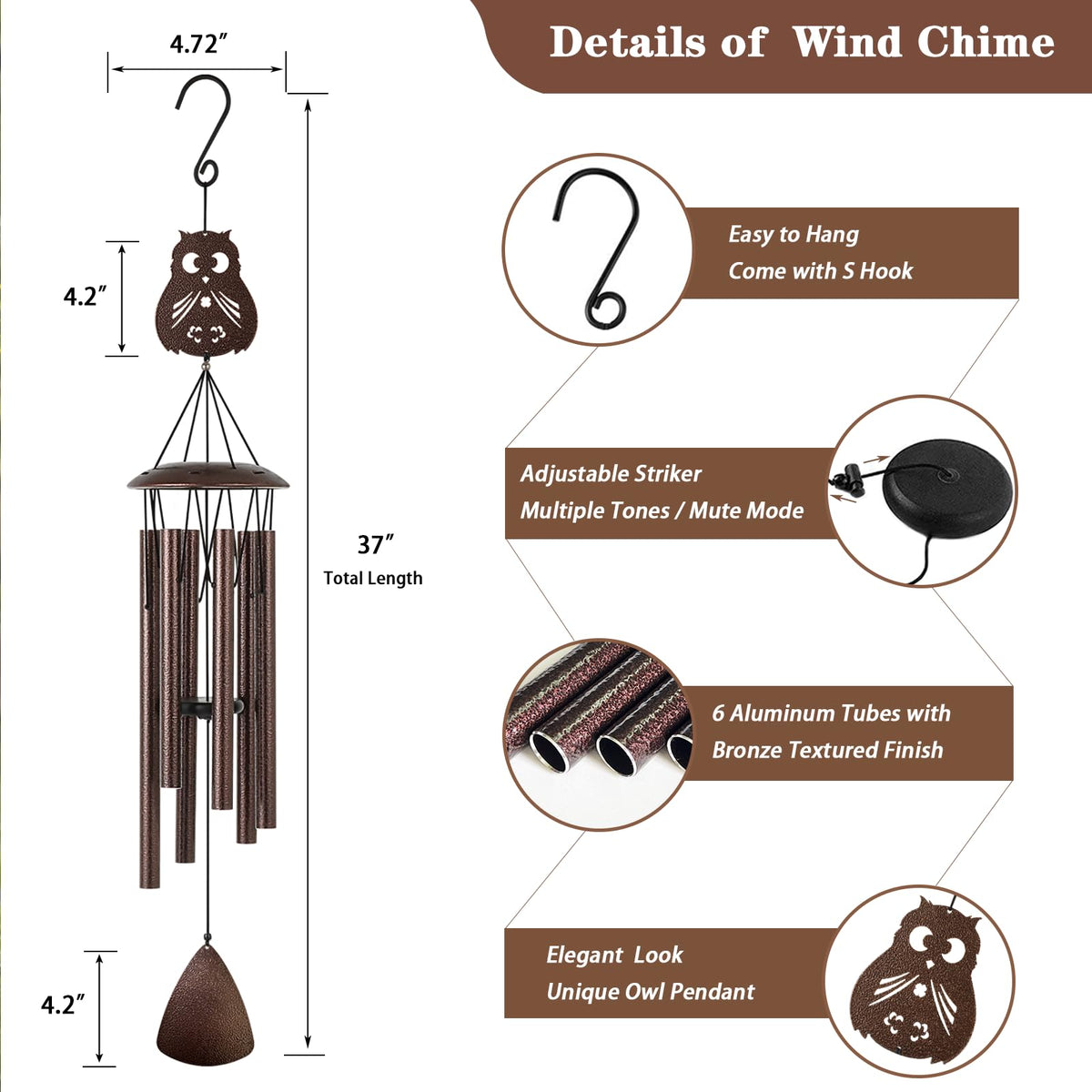 37" Owl Wind Chimes for Outside Garden Patio Yard Decor (Owl)