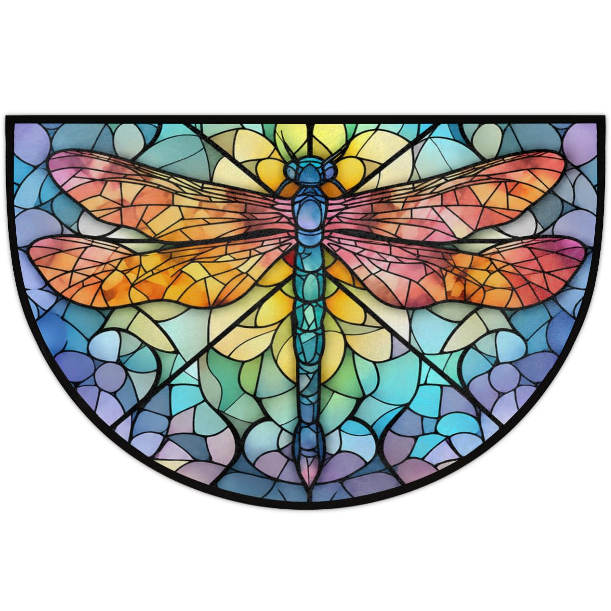 Dragonfly Colorful Stained Glass Half Round Door Mat Indoor Entrance Low Pile Non Slip Absorbent Semi Circle Welcome Mats Doormats 36x24 in Floor Mats for Home Kitchen (Dragonfly Colorful Stained Glass)