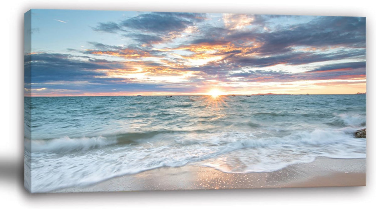 Beach Sunset Wall Art Coastal Decor Seascape Canvas Prints Ocean Picture for Living Room Decor Waves Sea Poster Landscape Painting Bedroom Wall Art Office Artwork Home Decorations (Bocean / 40"L x 20"W)