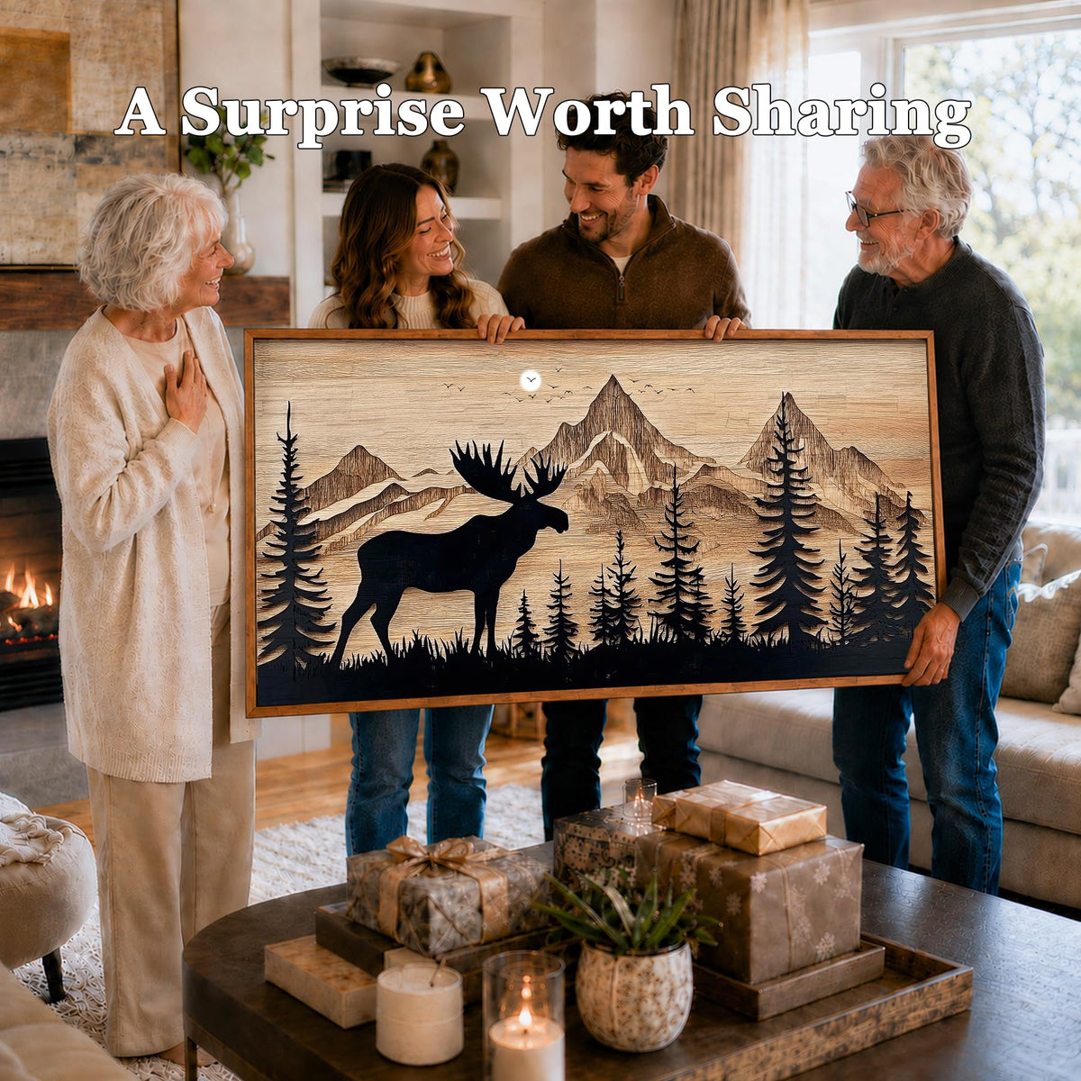 Deer Forest Mountain Wall Art Large Framed Print Farmhouse Decor (Deer Mountain / 57"L x 29"W)