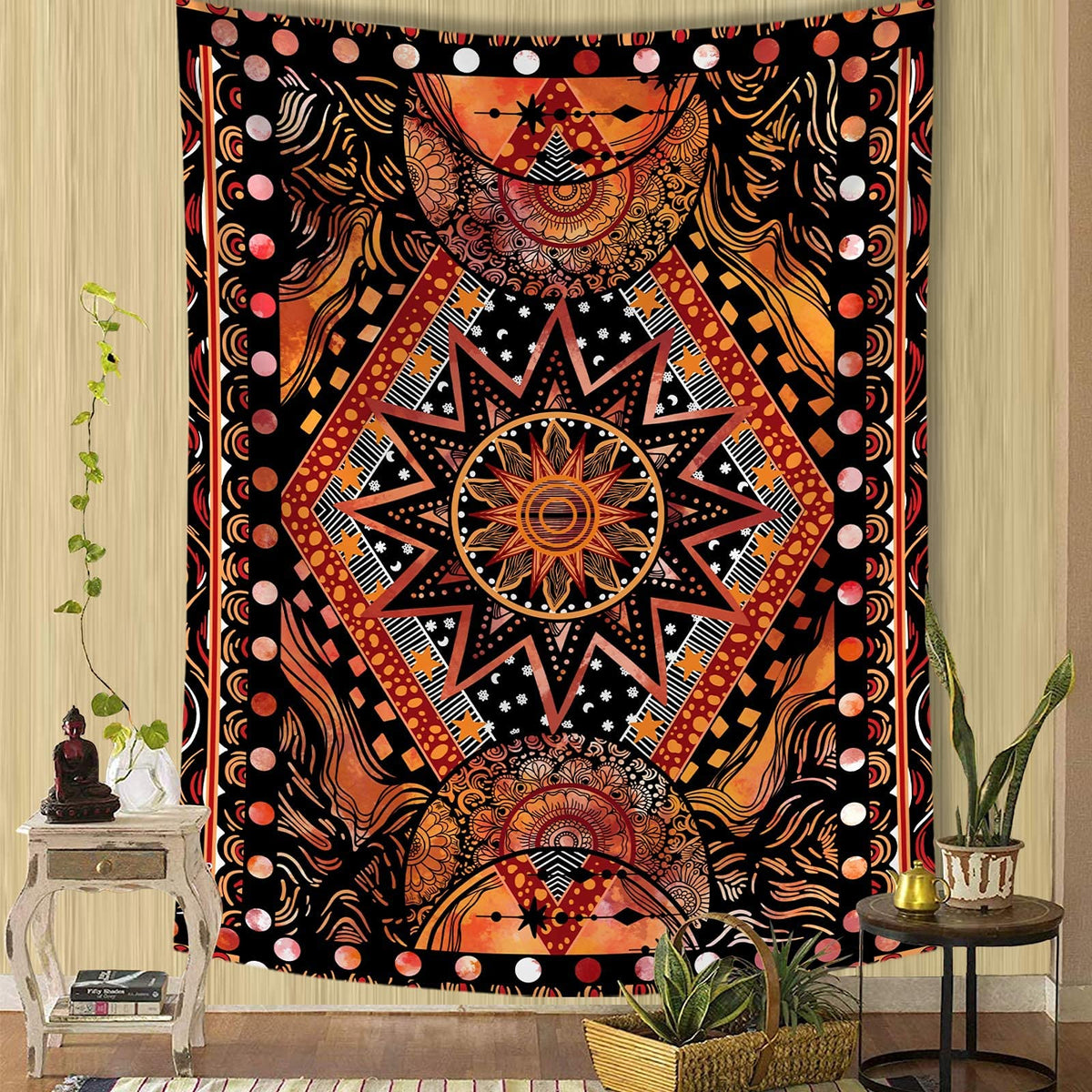 Orange Sun and Moon Tapestry Wall Hanging (Orange / 48"L x 36"W)