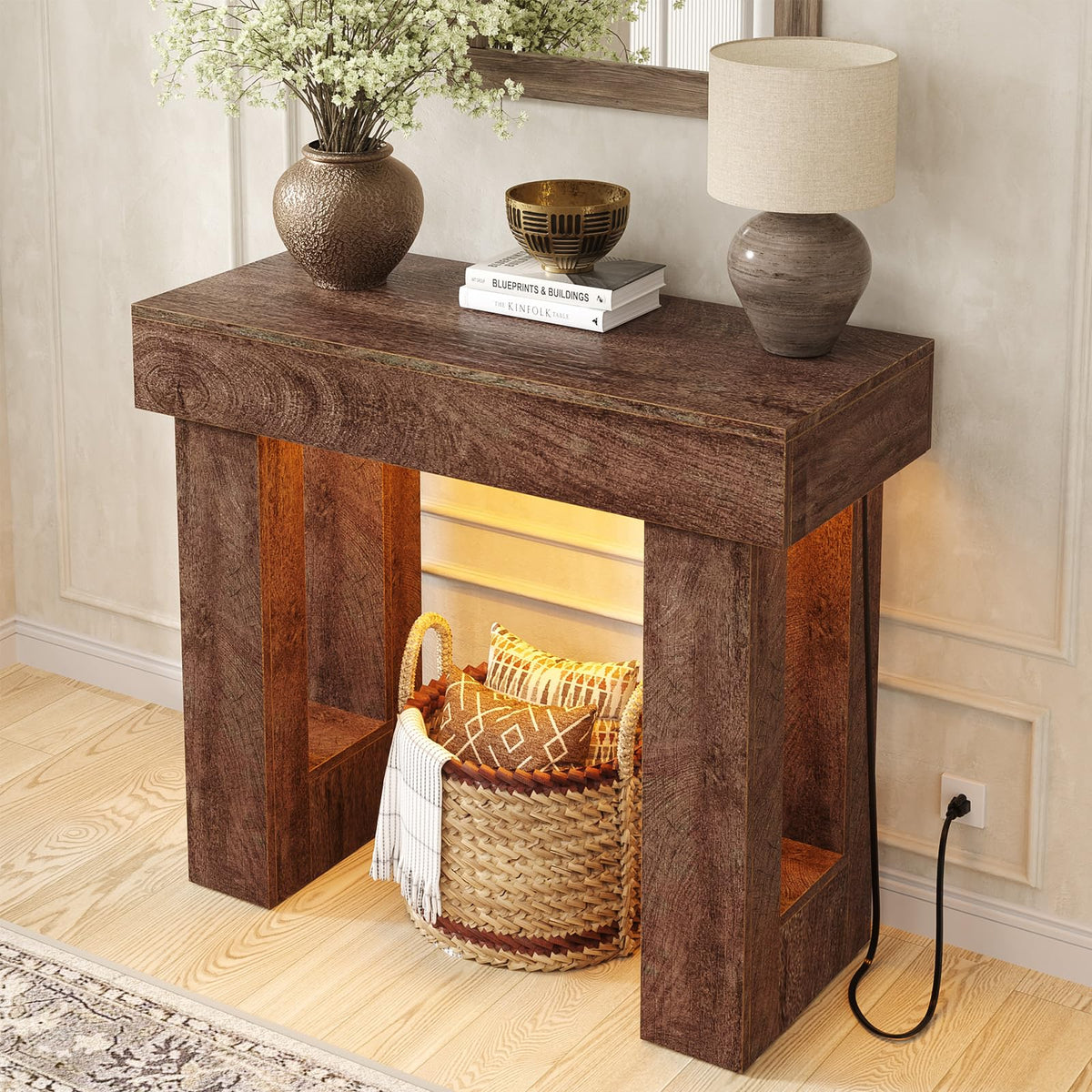 39" Entry Table with Sensor Light & AC Outlets with USB (Rustic Oak / 39IN)