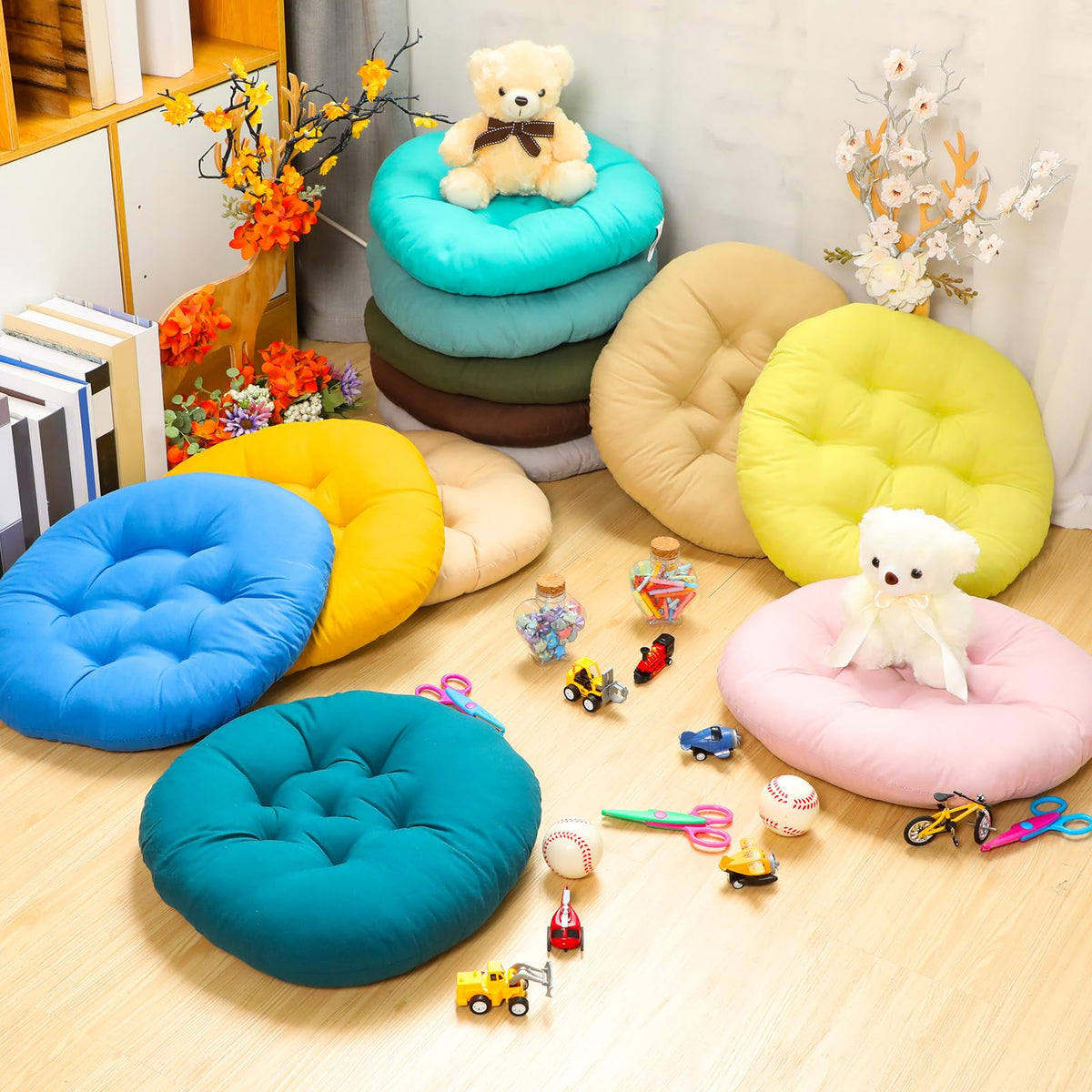 12 Pcs Round Floor Pillows Cushions Seating 16 x 16 Inches Floor Round Cushions for Kids Toddlers Flexible Reading Chair Pillows for Classroom Home School Playing Supplies (Vivid Color)