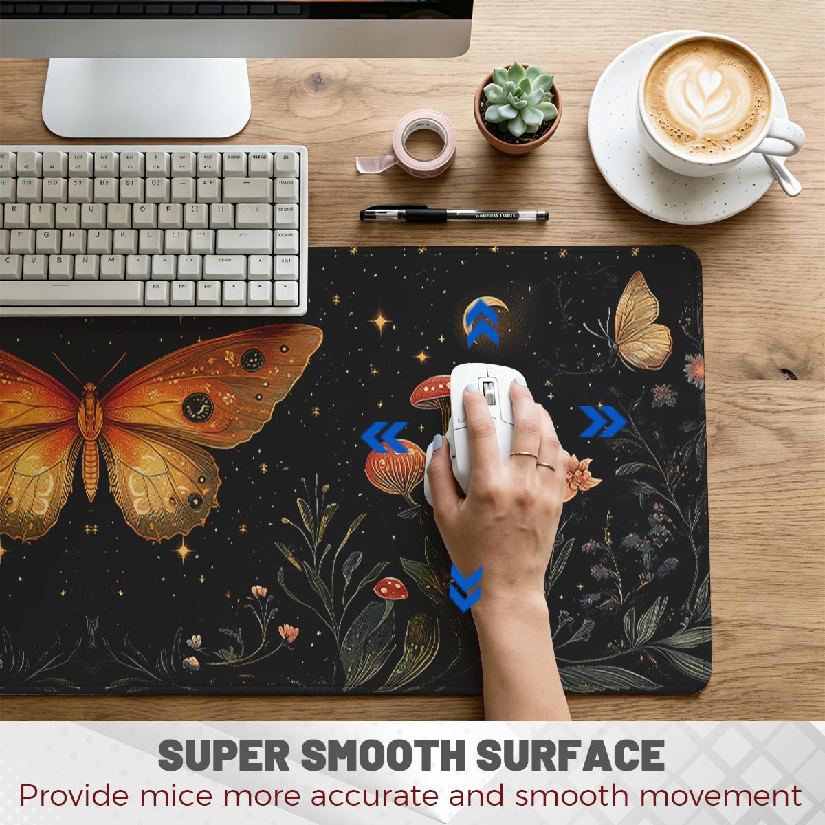 Celestial Moth Large Gaming Mouse Pad Vintage Mushroom Floral Moon Desk Mat (Celestial Moth / 35.4L x 15.7W inches)