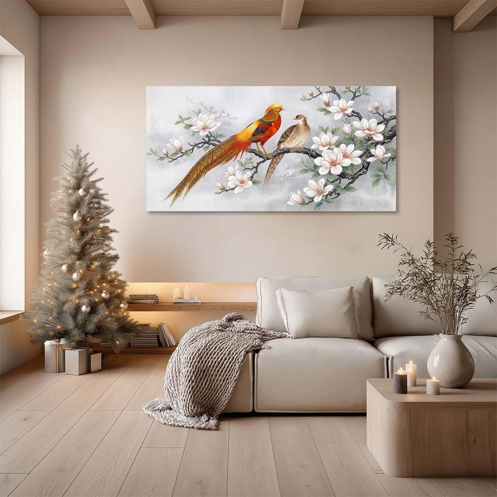 Oriental Golden Pheasant Canvas Wall Art White Magnolia Chinoiserie Painting Flat Print Gallery Wrapped Asian Bird Artwork for Living Room Bedroom Bathroom Decor (Wildlife / White Golden Pheasant Couple 26 / 58"L x 28"W)