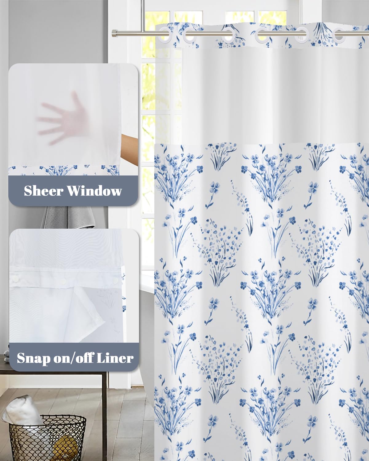 Watercolor Blue Floral Shower Curtain with Snap in Liner Set (Blue Floral)